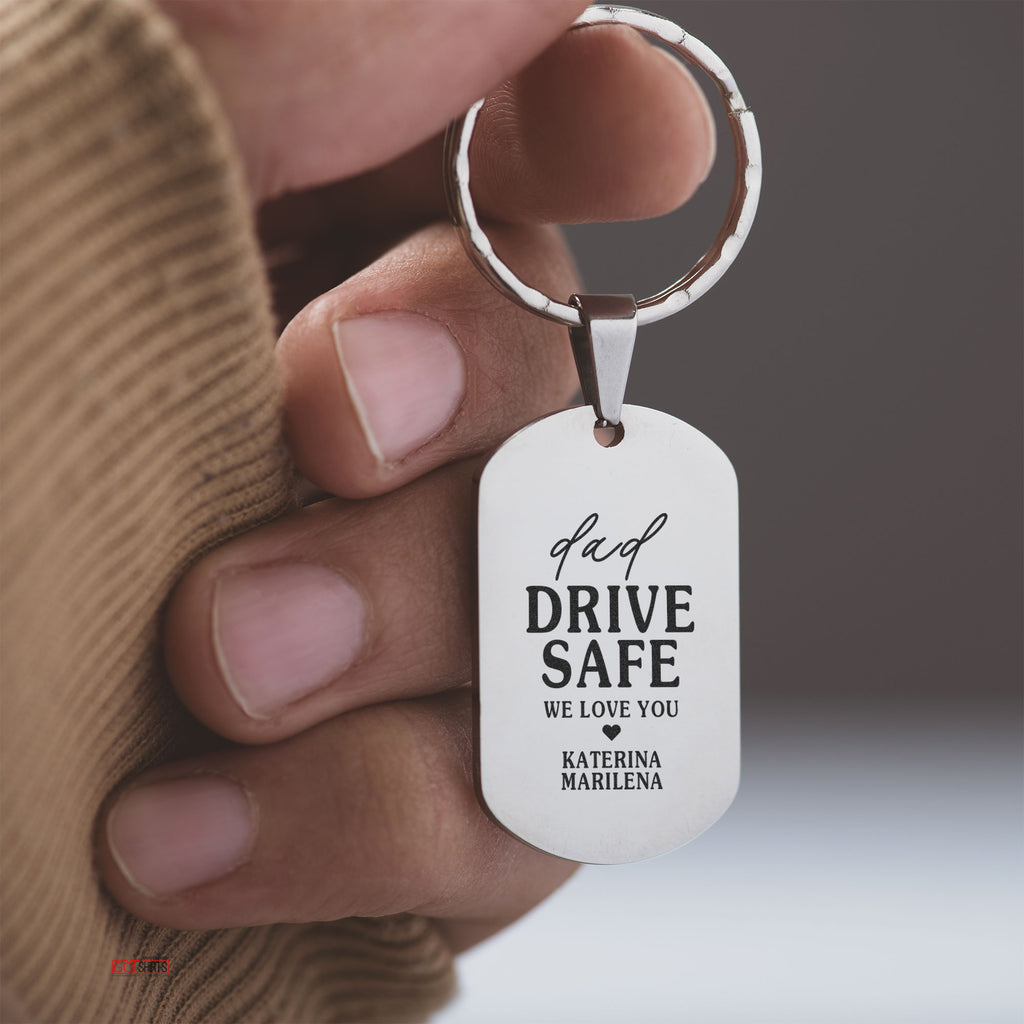 Dad Drive Safe - Dog Tag Keyring (Engraved) - GOTShirts