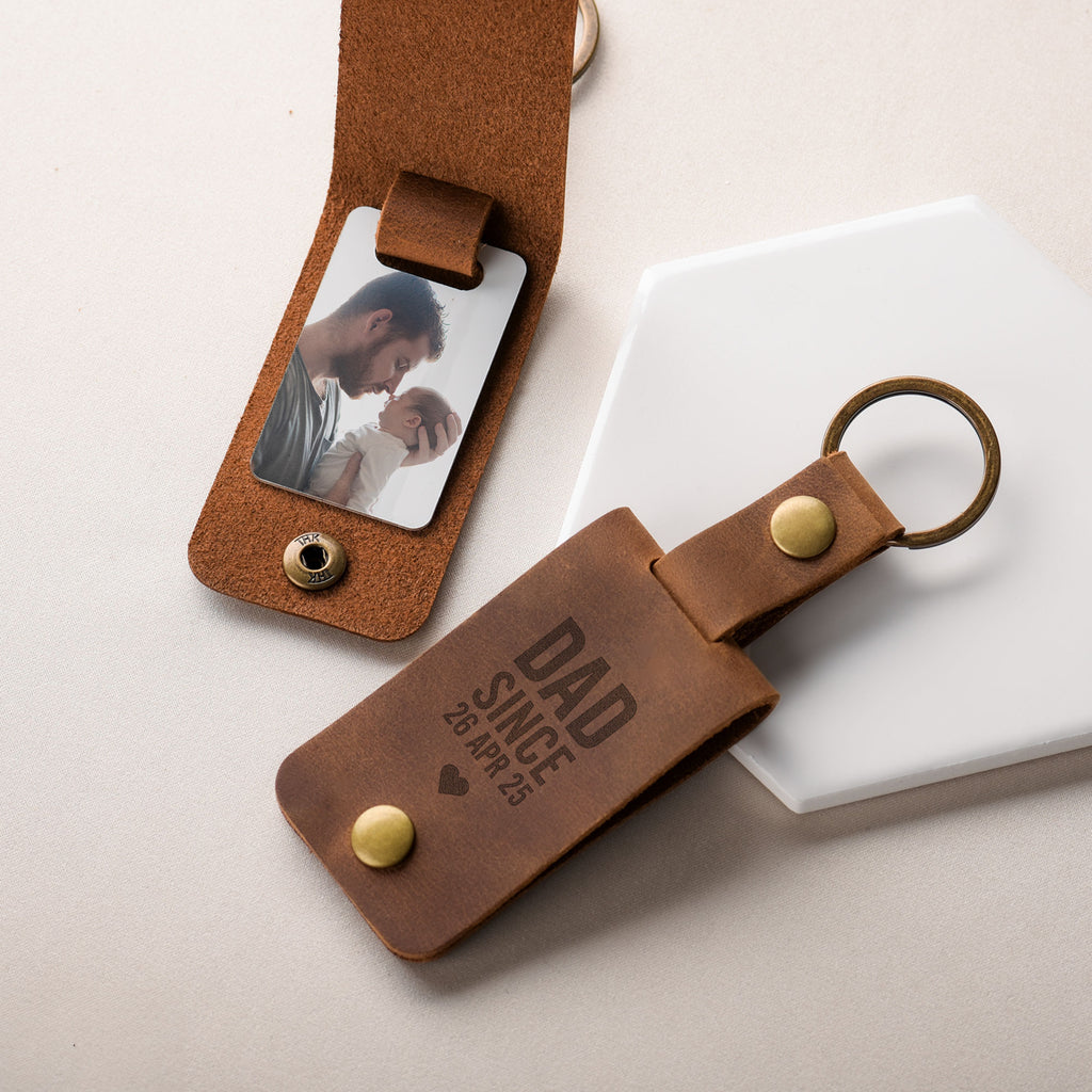 Dad Since - Leather Engraved Keyring With Photo Inside - GOTShirts