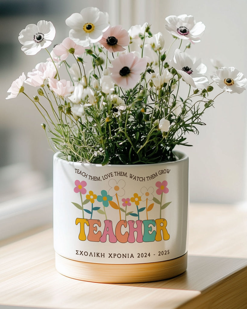 TEACHER - Ceramic Flower Pot With Bamboo Base - GOTShirts