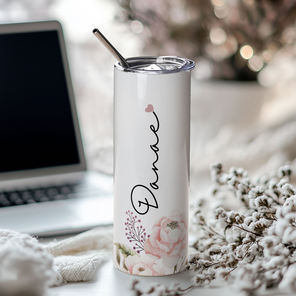 Names & Flowers - Stainless Steel Skinny Tumbler With Straw - GOTShirts