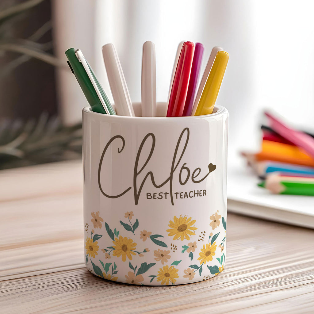 Best Teacher, Yellow Flowers - Ceramic Pencil Holder - GOTShirts