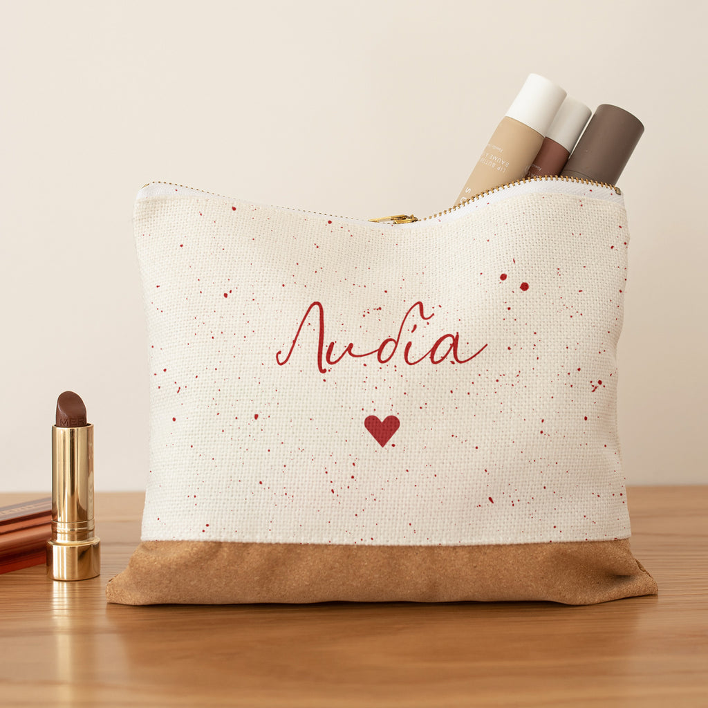 Name & Red Speckles - Linen Makeup Bag With Cork - GOTShirts
