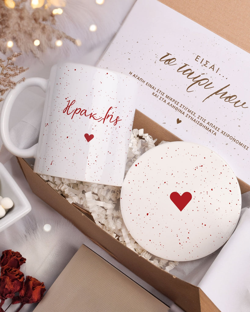 Name & Red Speckles - Ceramic Mug 11oz & Coaster Gift Box - GOTShirts