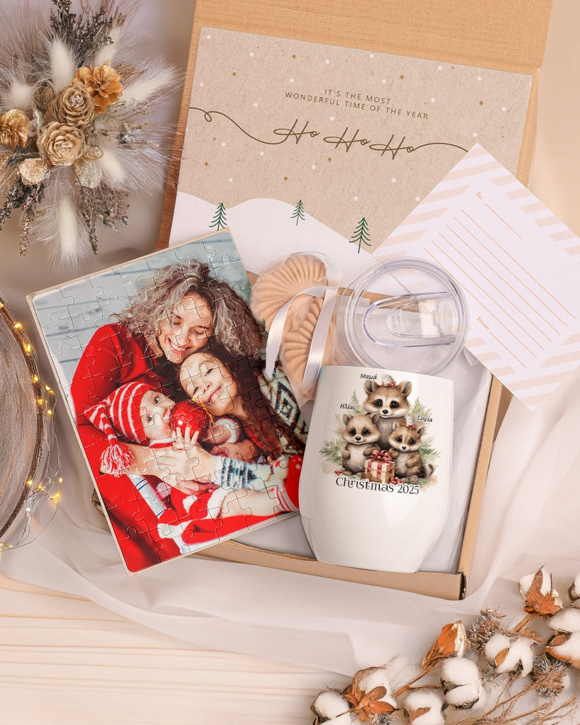 Christmas Animals Mom & Kids - Magnetic Puzzle & Wine Mug Gift Box - GOTShirts