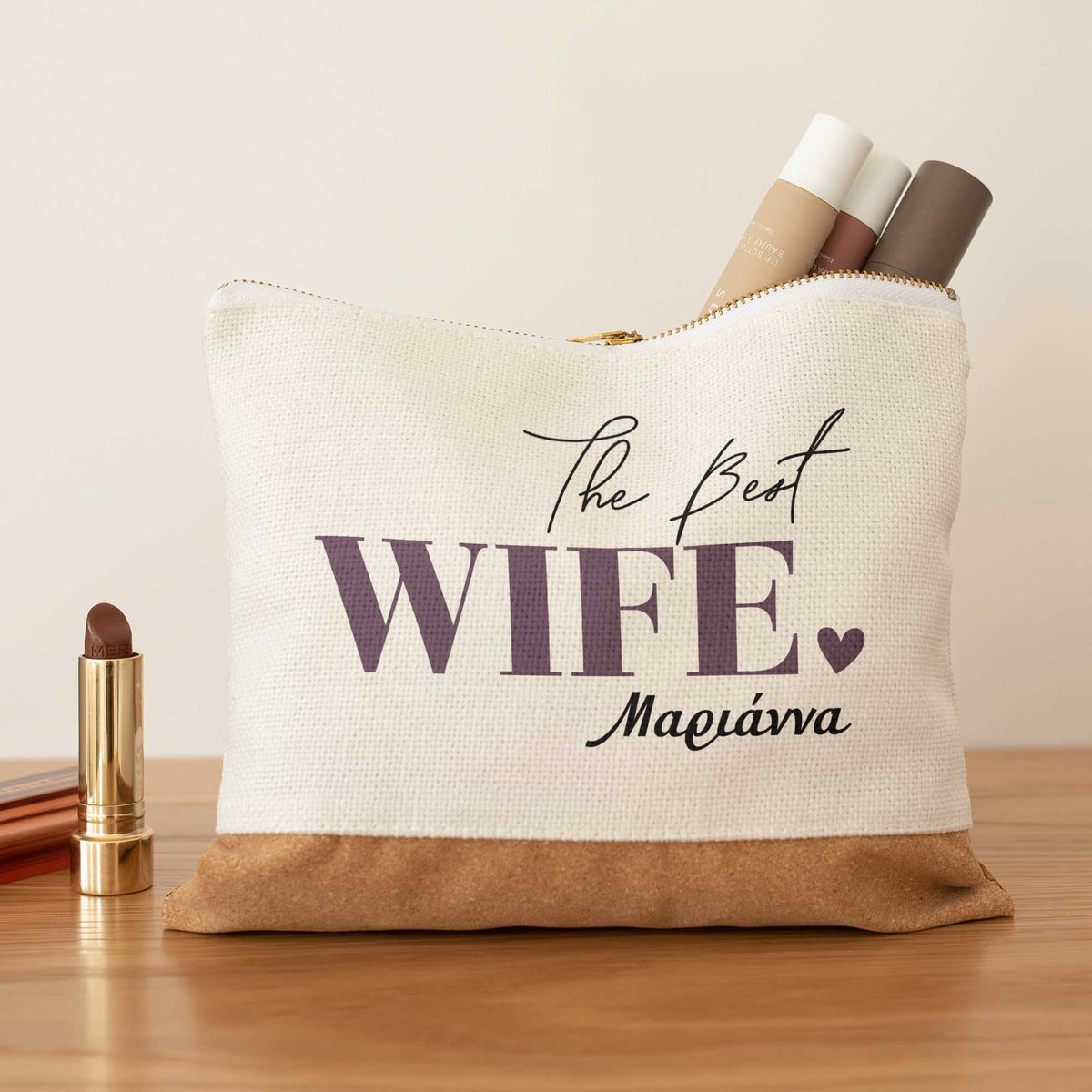 Best Wife - Linen Makeup Bag With Cork - GOTShirts