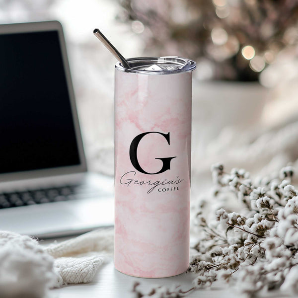 Pink Marble - Stainless Steel Skinny Tumbler With Straw - GOTShirts