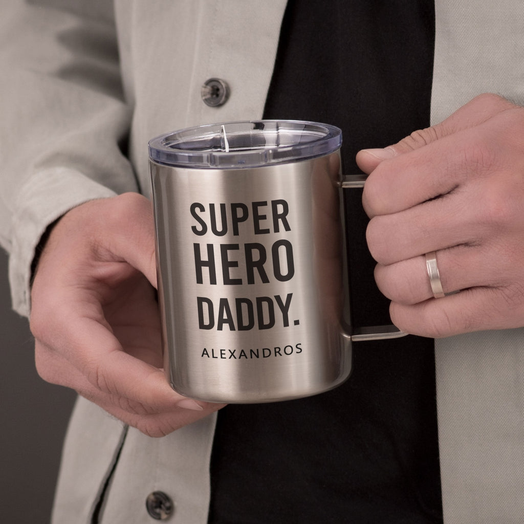 Super Hero Daddy - Silver Stainless Steel Mug With Handle - GOTShirts