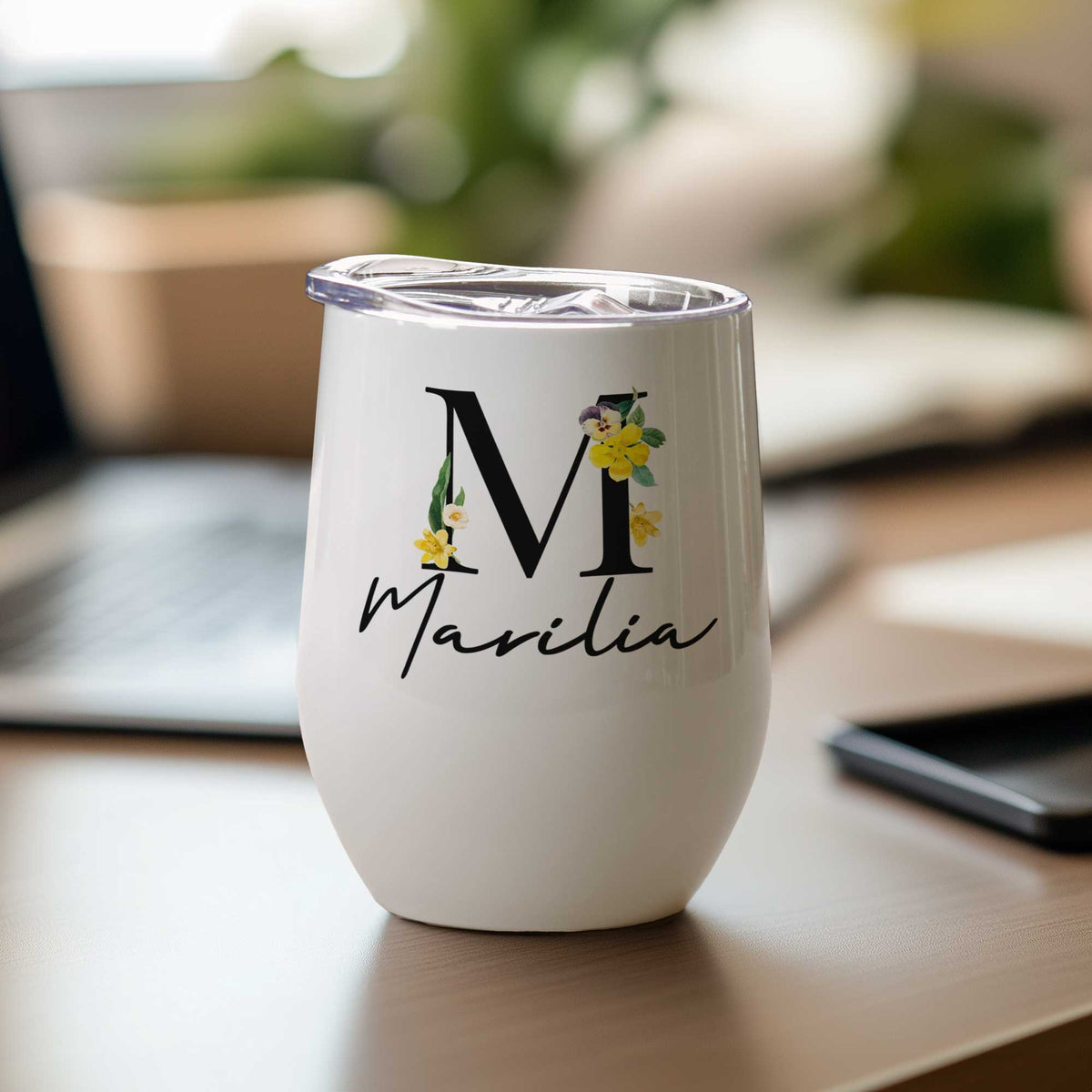 Flowers, Name & Letter - Stainless Steel White Mug - GOTShirts