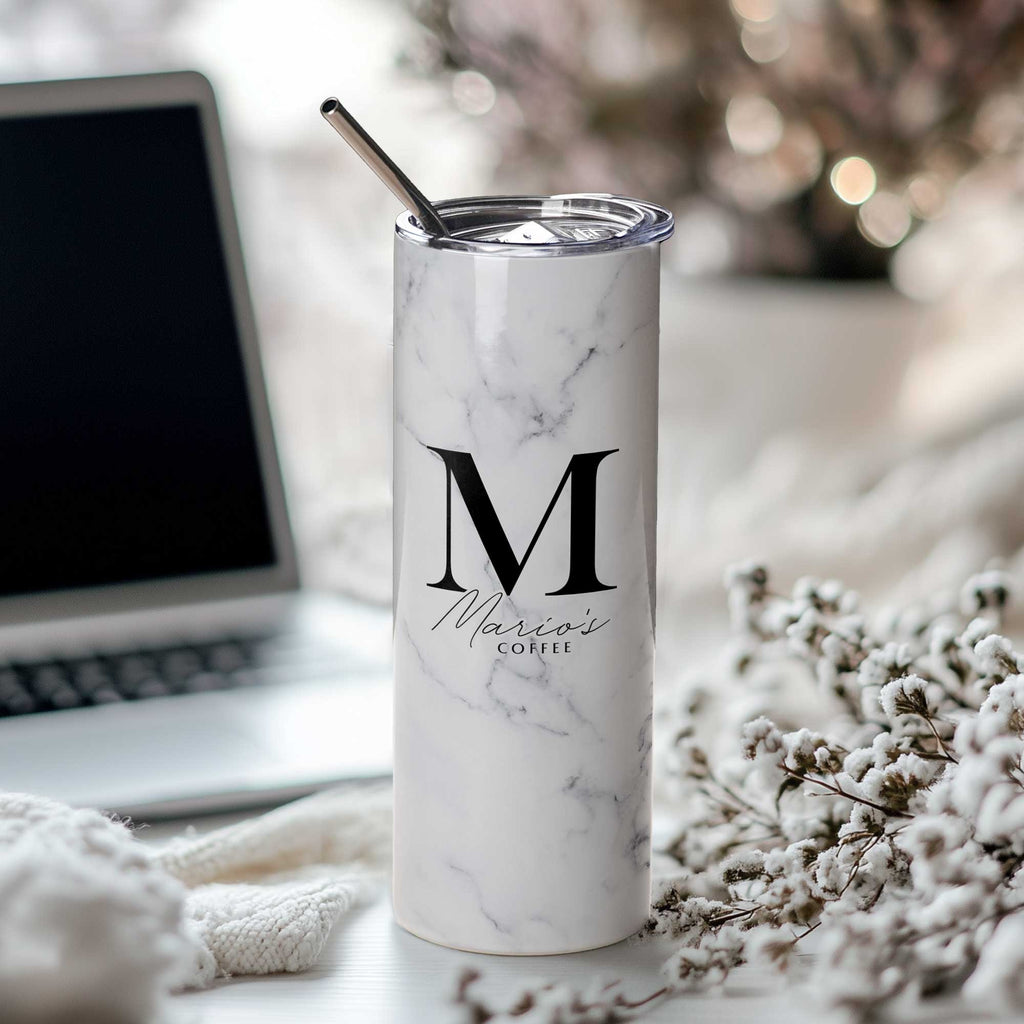 Gray Marble - Stainless Steel Skinny Tumbler With Straw - GOTShirts