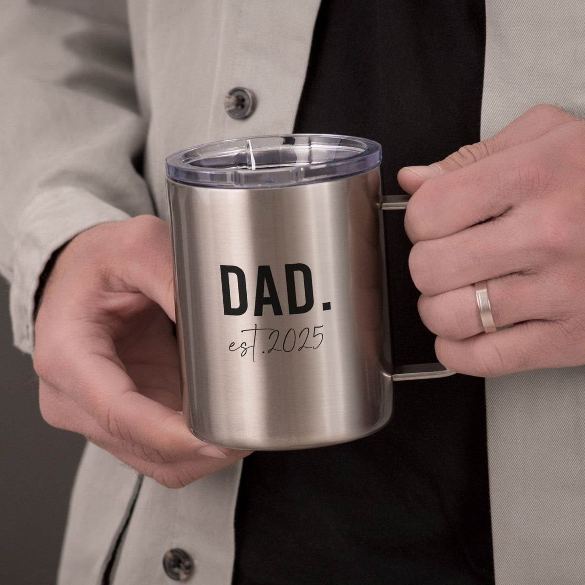 Dad Est - Silver Stainless Steel Mug With Handle - GOTShirts