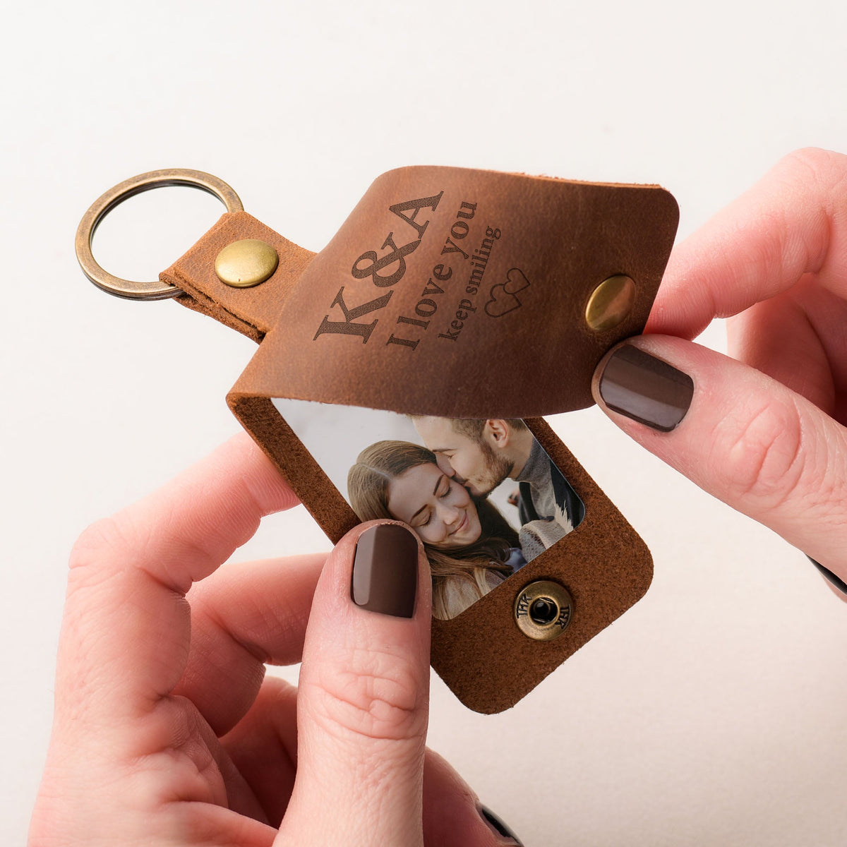 Keep Smiling - Leather Engraved Keyring With Photo Inside - GOTShirts
