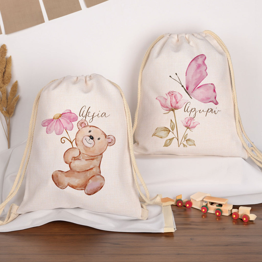 Cute Bear and Butterfly - Drawstring Bag Linen - GOTShirts
