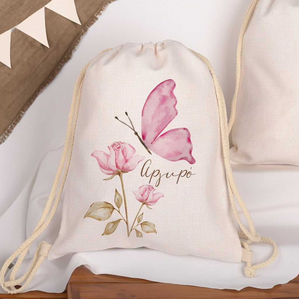 Cute Bear and Butterfly - Drawstring Bag Linen - GOTShirts