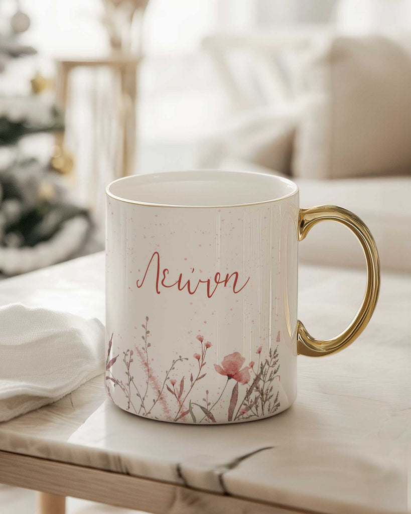 Pink Flowers Name - Ceramic Gold Handle Mug - GOTShirts