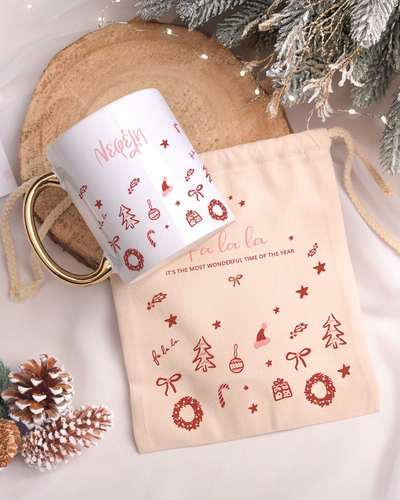 Christmas Elements Pattern - Gold Handle Mug & Linen Pouch Set - GOTShirts
