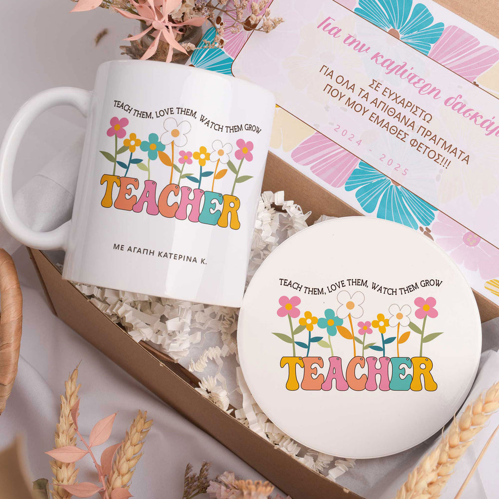 Teacher Flowers - Ceramic Mug 11oz & Coaster Gift Box - GOTShirts