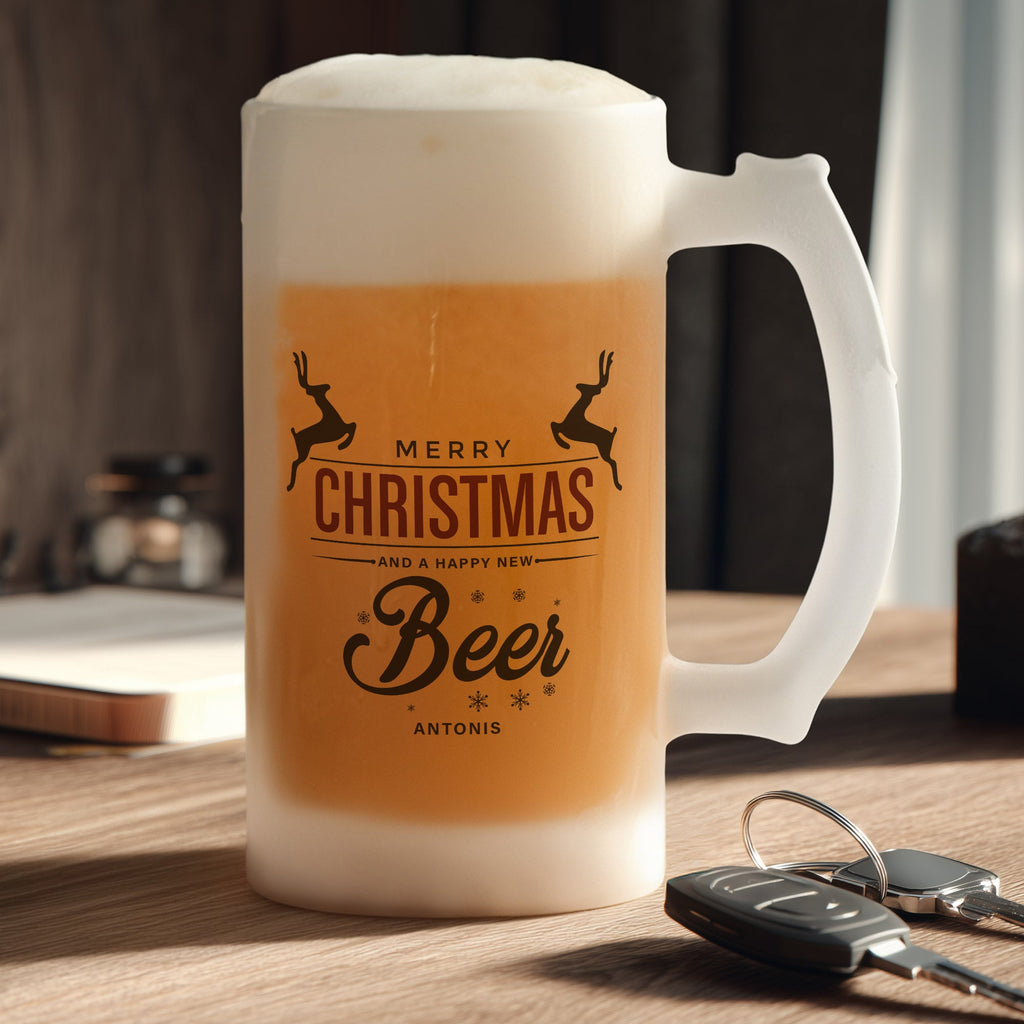 Merry Christmas And A Happy New Beer - Frosted Beer Glass - GOTShirts