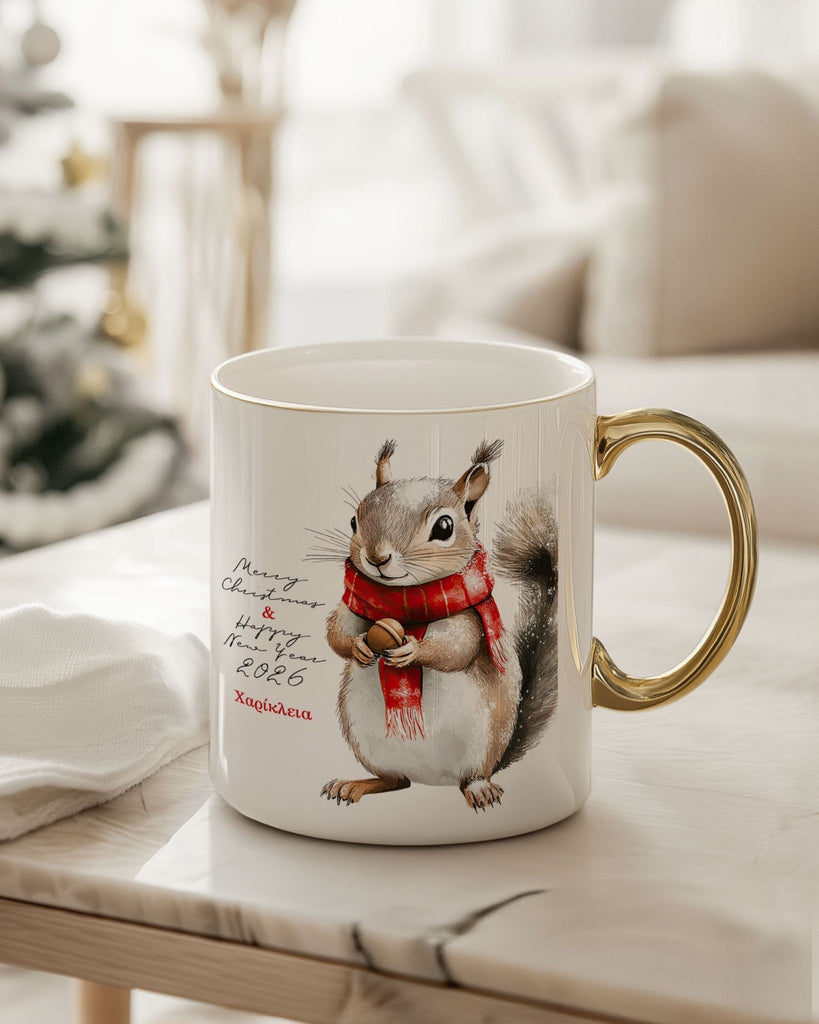 Merry Christmas Squirrel - Ceramic Gold Handle Mug - GOTShirts