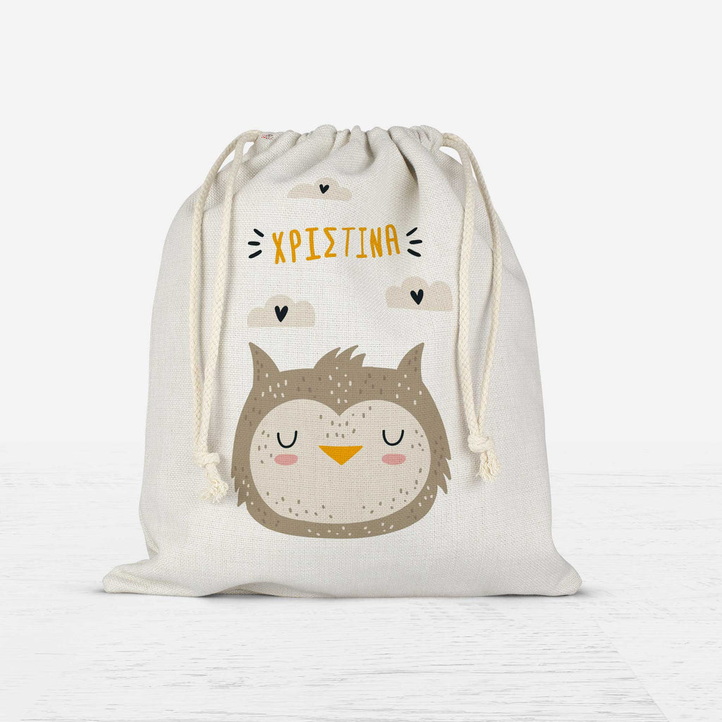 Gray Owl - Drawstring Bag Linen