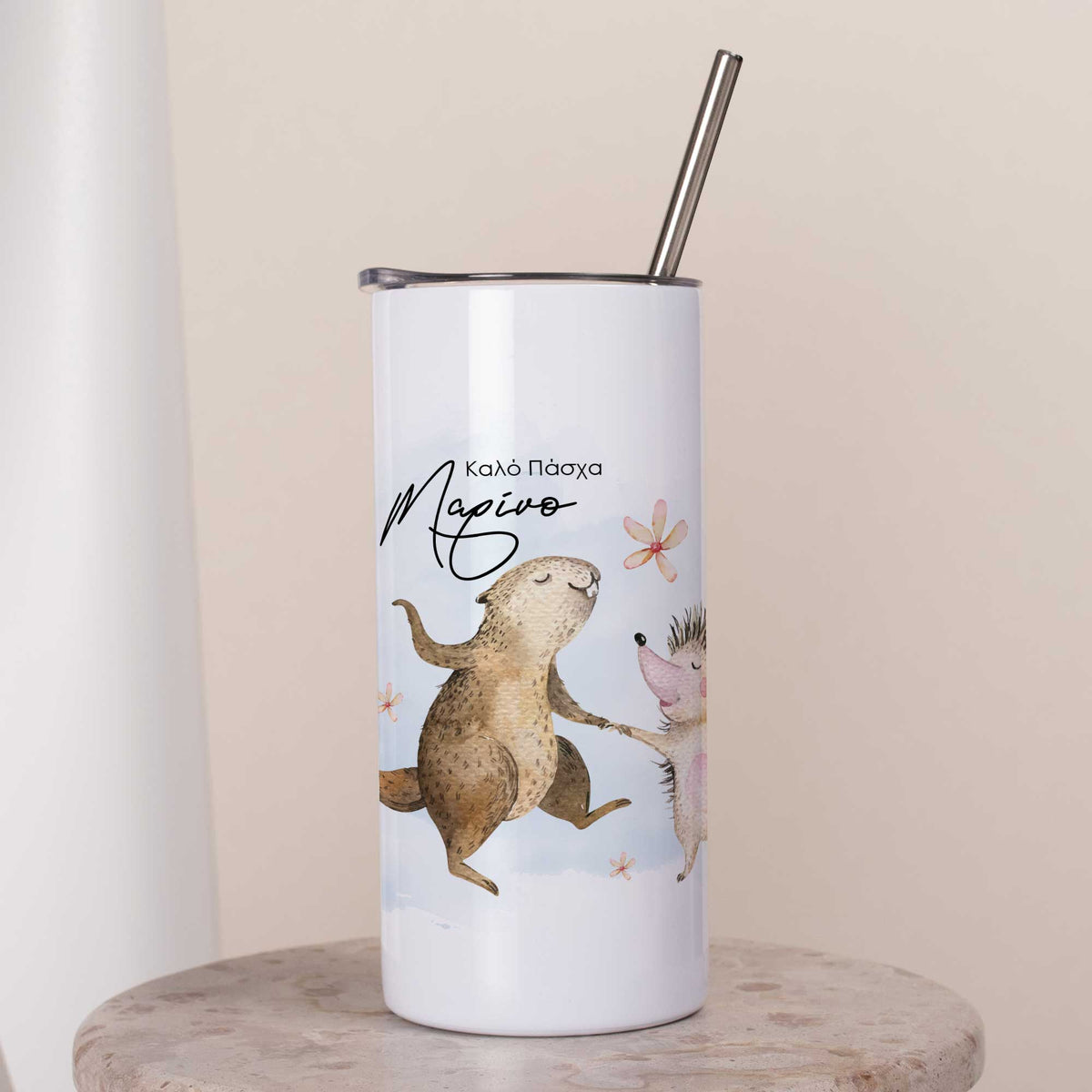 Easter Squirrel & Hedgehog - White Skinny Tumbler 16oz - GOTShirts