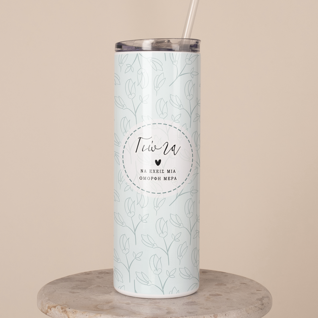 Blue Flowers - Stainless Steel Skinny Tumbler With Straw