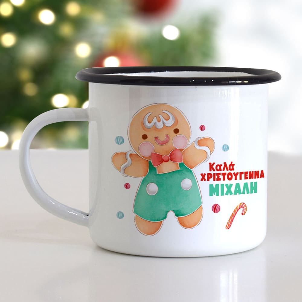 Christmas S/Steel Enamel Mug - Green Gingerbread Boy